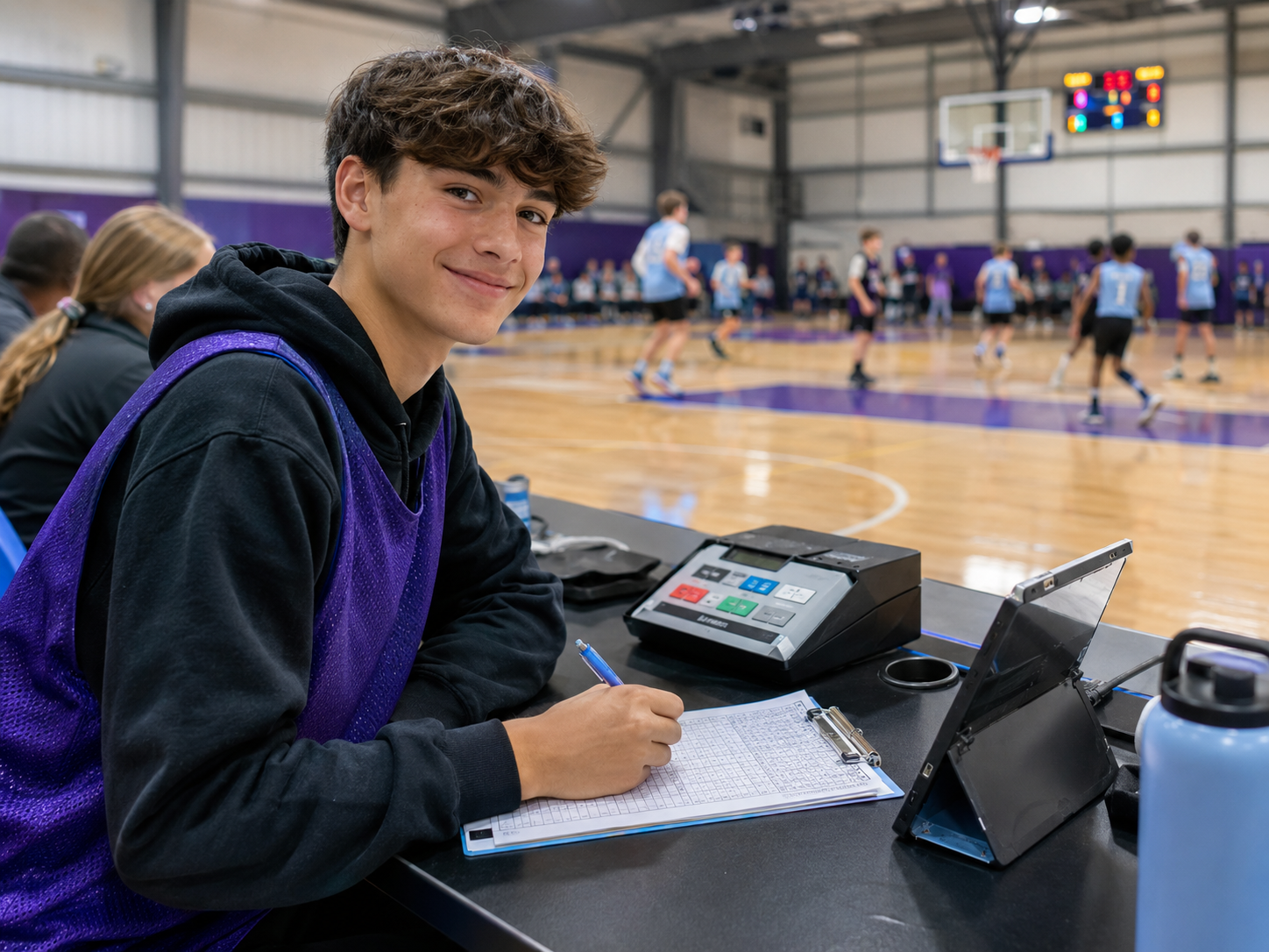 Teen volunteer helping at a basketball scorebench